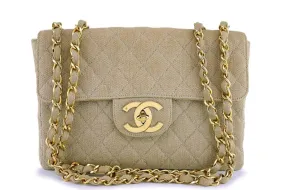 Chanel Beige Vintage Linen Canvas Jumbo Classic Flap Bag 24k GHW