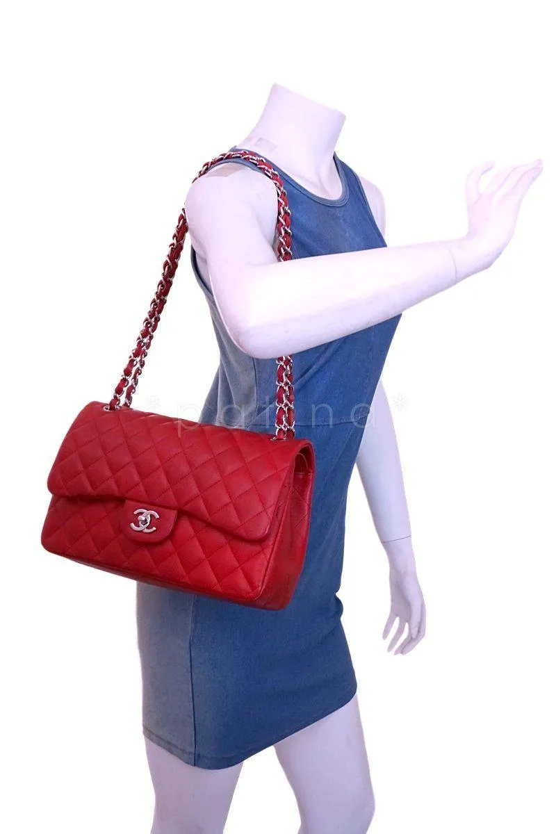 11C Chanel Red Caviar Classic Jumbo Double Flap Bag SHW