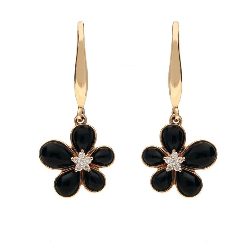 18ct Rose Gold Whitby Jet 0.05ct Diamond Flower Drop Earrings