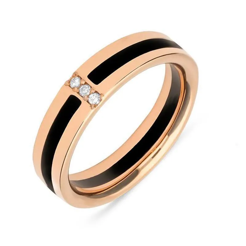 18ct Rose Gold Whitby Jet Diamond Inlaid Wedding Band Ring