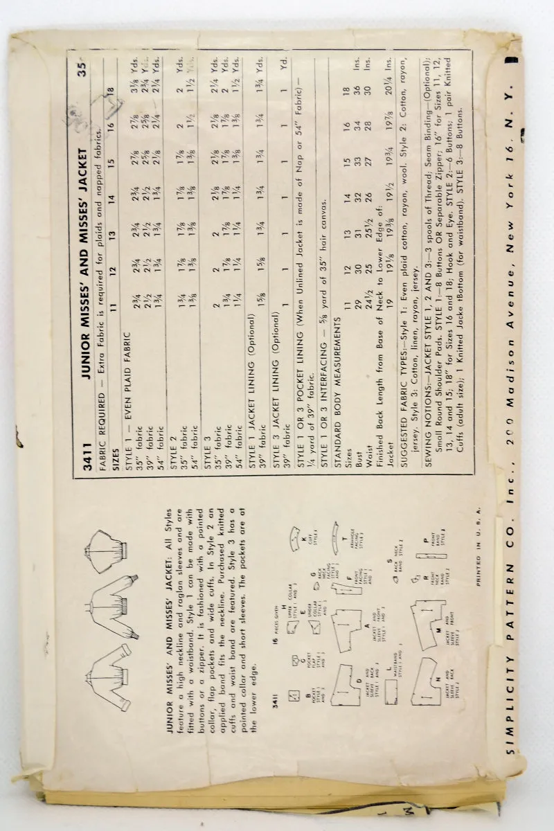 1950 Simplicity 3411 Vintage Jacket Sewing Pattern