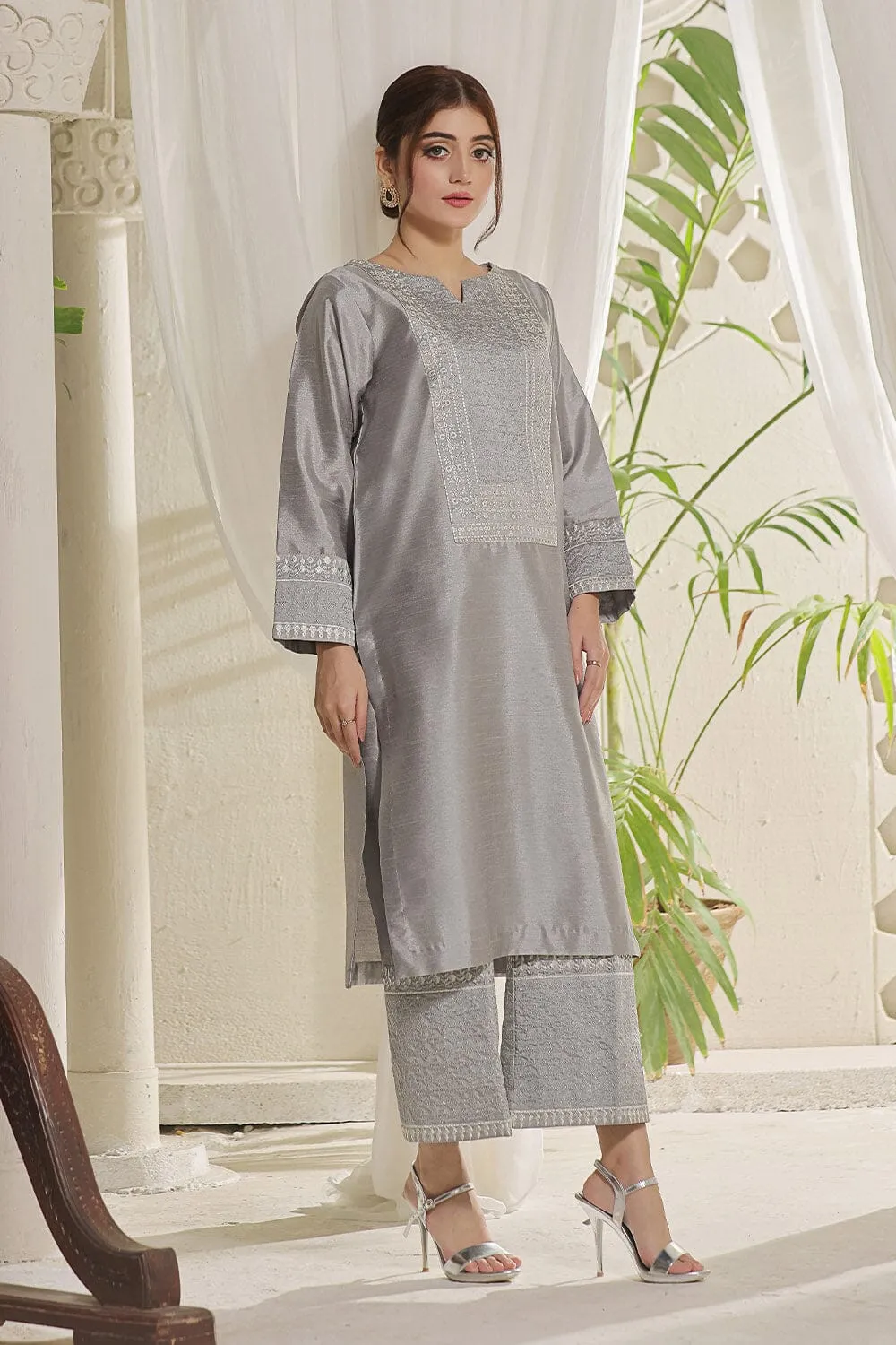 2PC Stitched Embroidered Silk Shirt & Trouser KFSE-2367