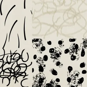 Abstract artwork with various shapes and lines in black and beige