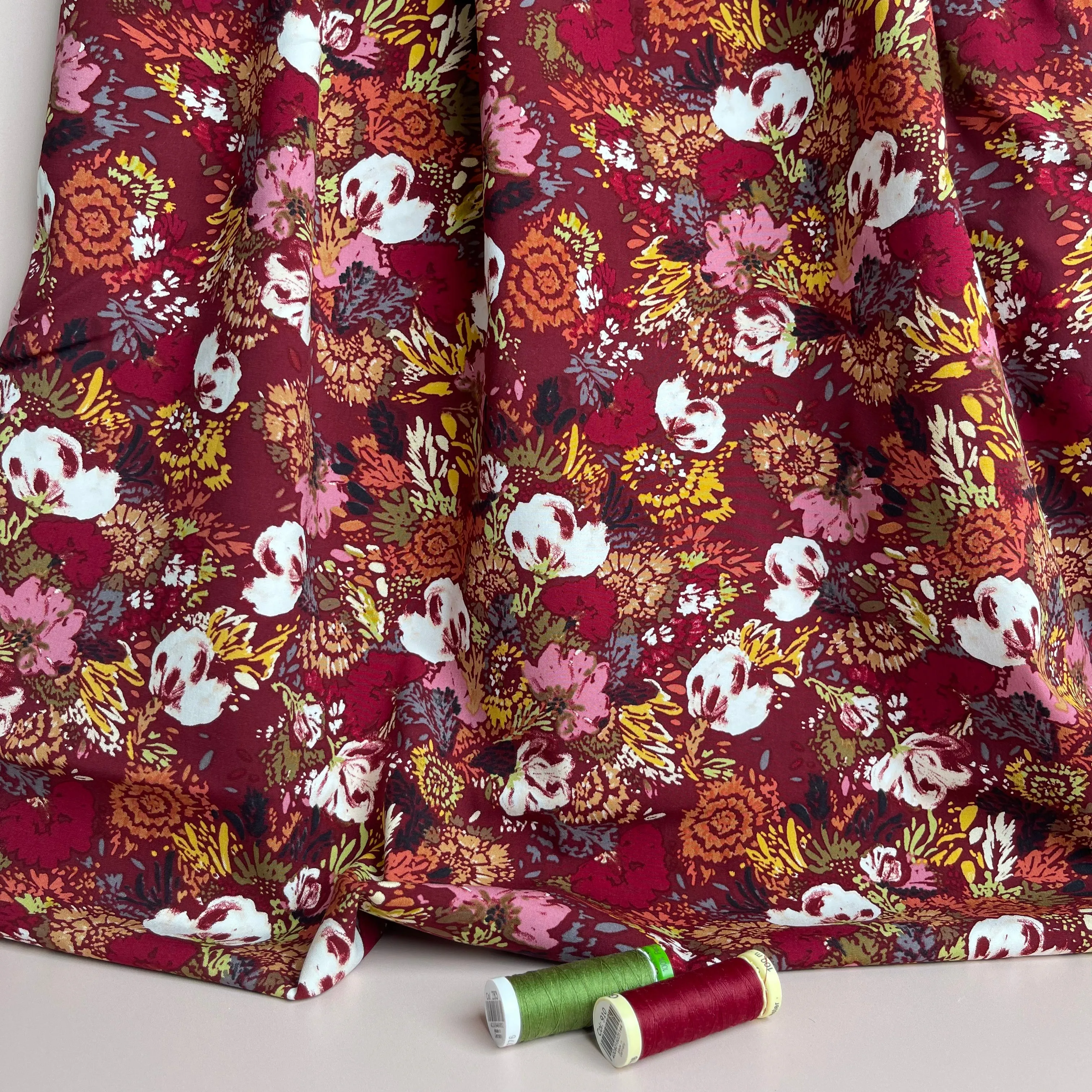 Botany on Burgundy Stretch Viscose Poplin Fabric