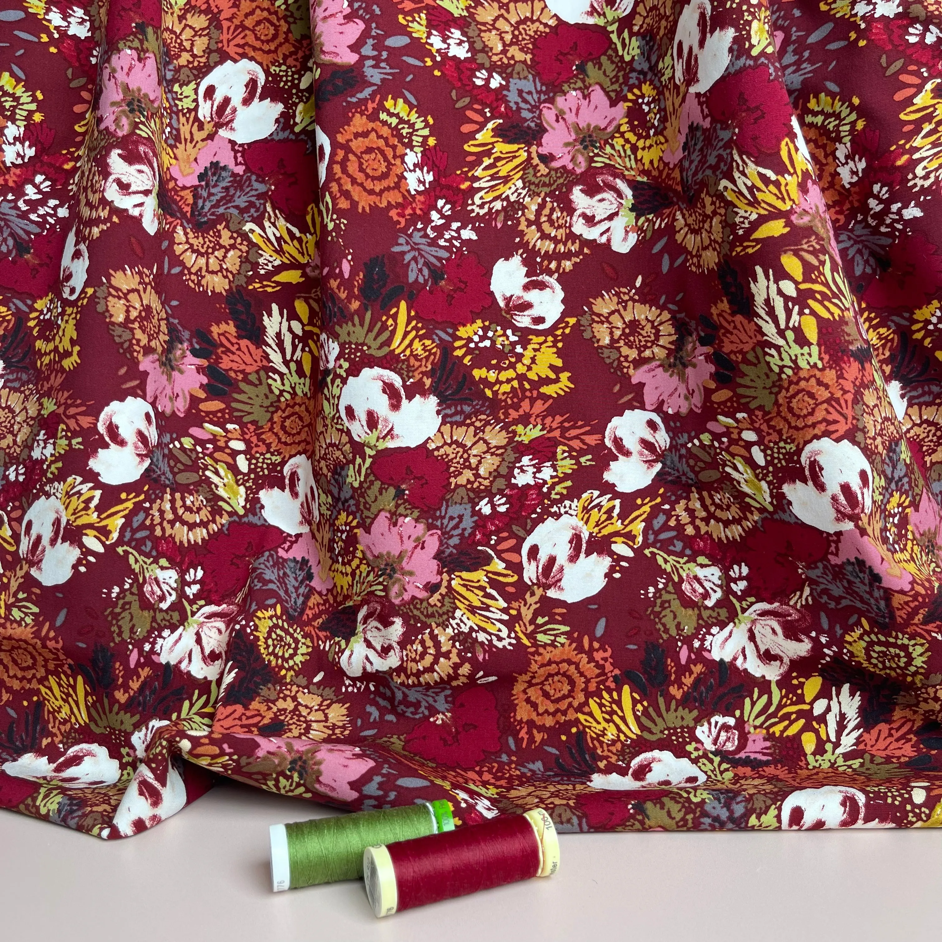 Botany on Burgundy Stretch Viscose Poplin Fabric