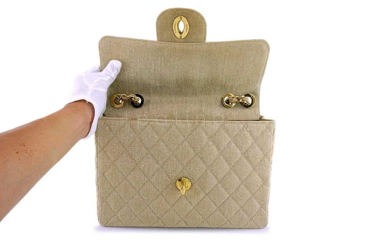 Chanel Beige Vintage Linen Canvas Jumbo Classic Flap Bag 24k GHW