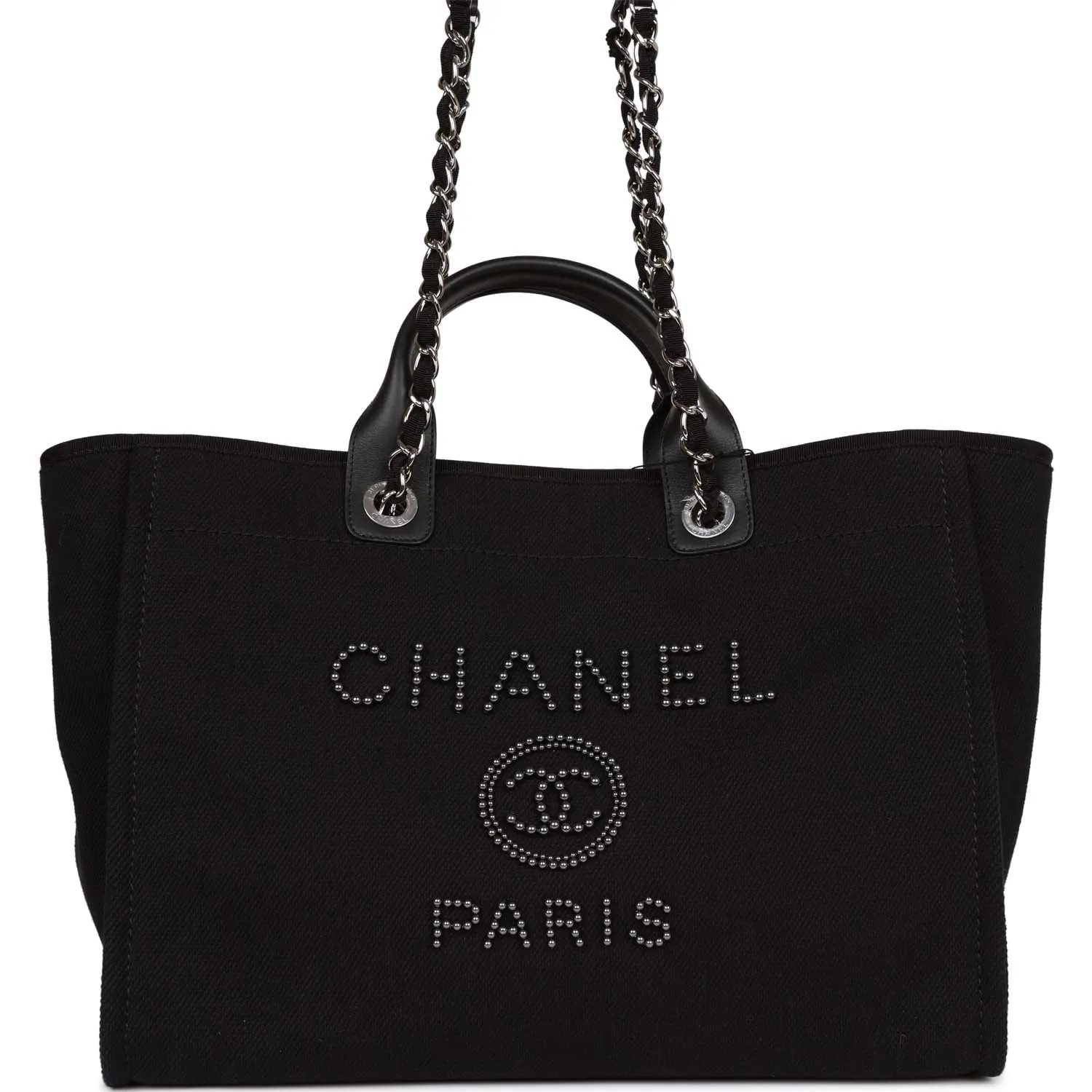 Chanel Large Deauville Shopping Bag Imitation Pearl and Black Canvas Silver Hardware