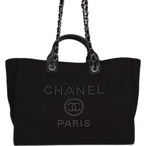 Chanel Large Deauville Shopping Bag Imitation Pearl and Black Canvas Silver Hardware