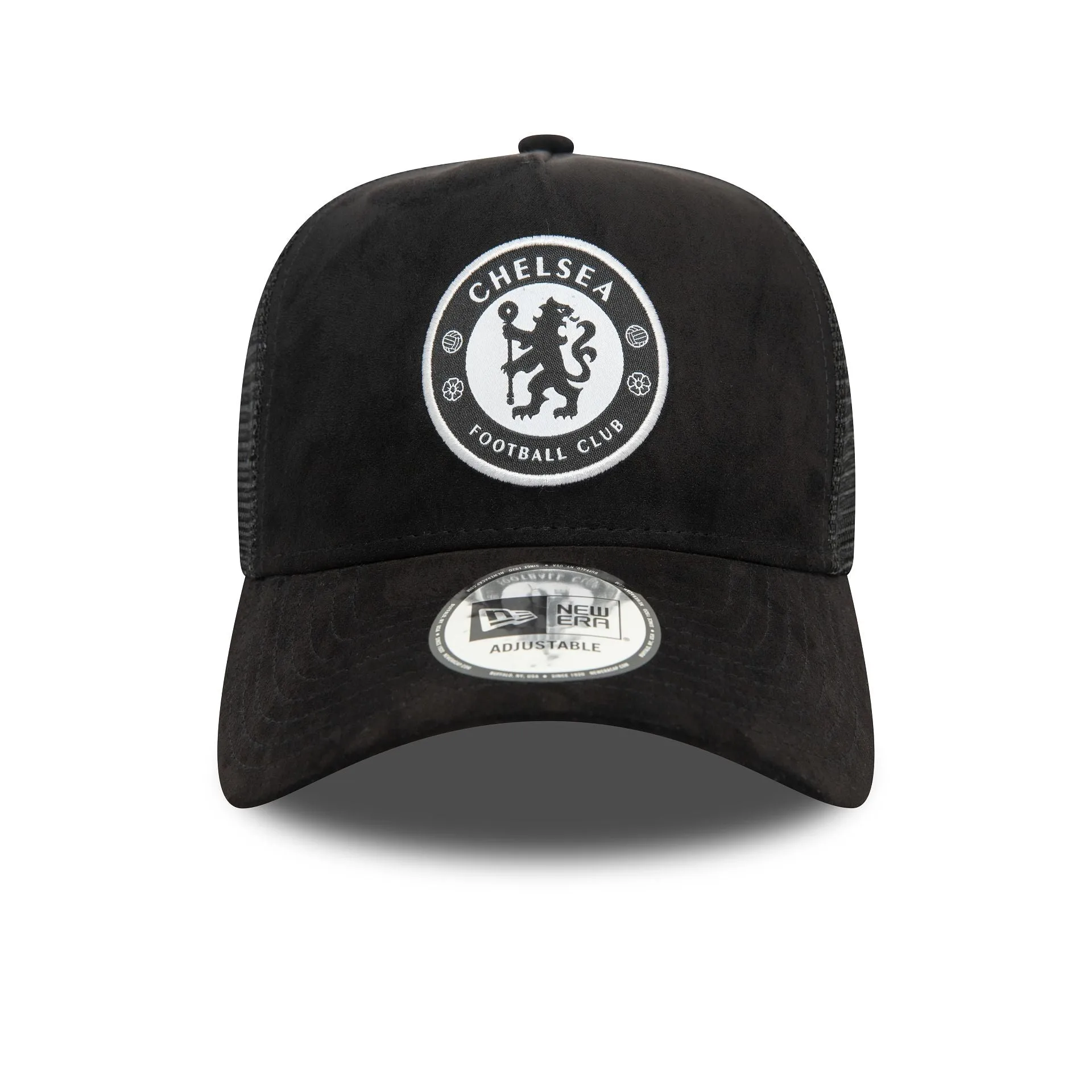 Chelsea FC Lion Crest Faux Suede Black 9FORTY E-Frame Adjustable Trucker Cap