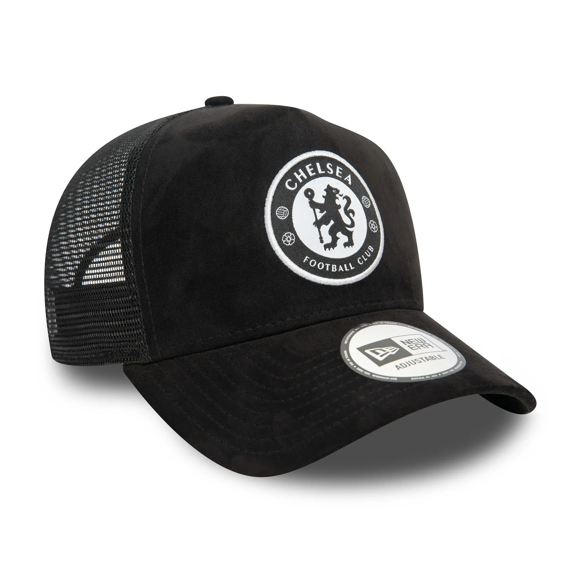 Chelsea FC Lion Crest Faux Suede Black 9FORTY E-Frame Adjustable Trucker Cap