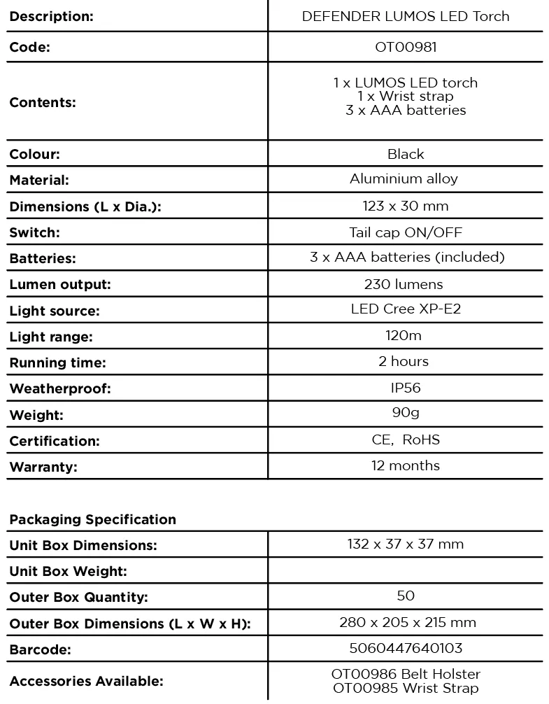 DEFENDER® – LUMOS POLICE ISSUE LED TORCH