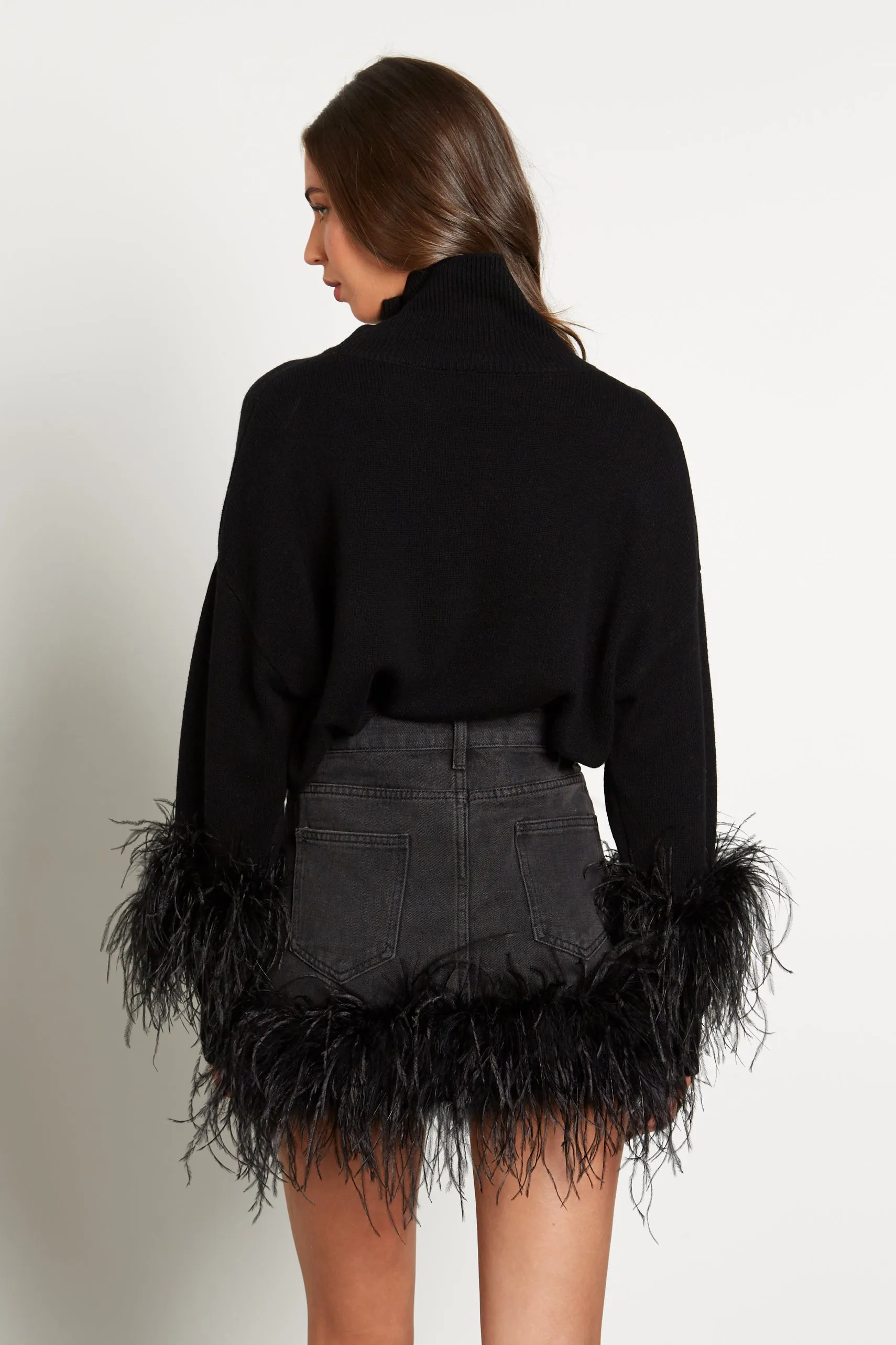 Denim Skirt with Feather Trim