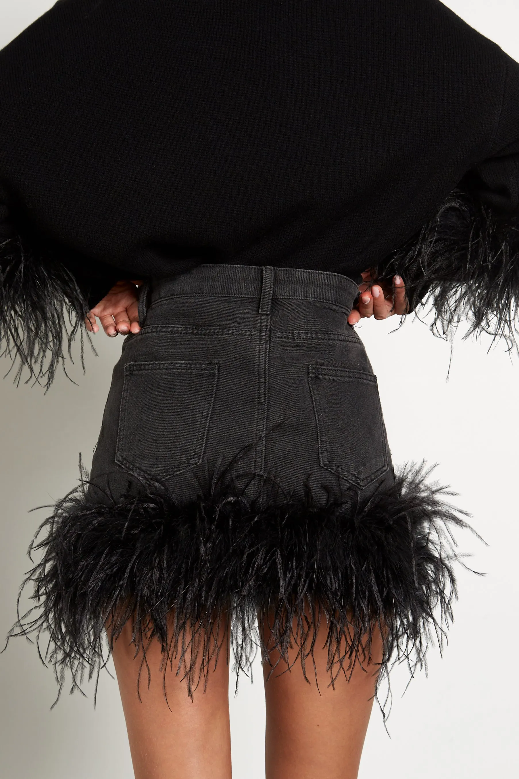 Denim Skirt with Feather Trim