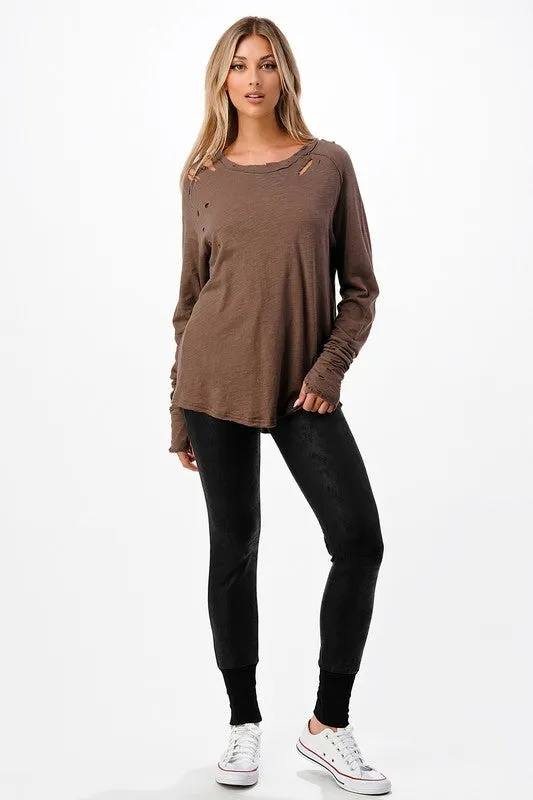 Distressed Long Sleeve Relaxed Top - Black, Brown or Beige