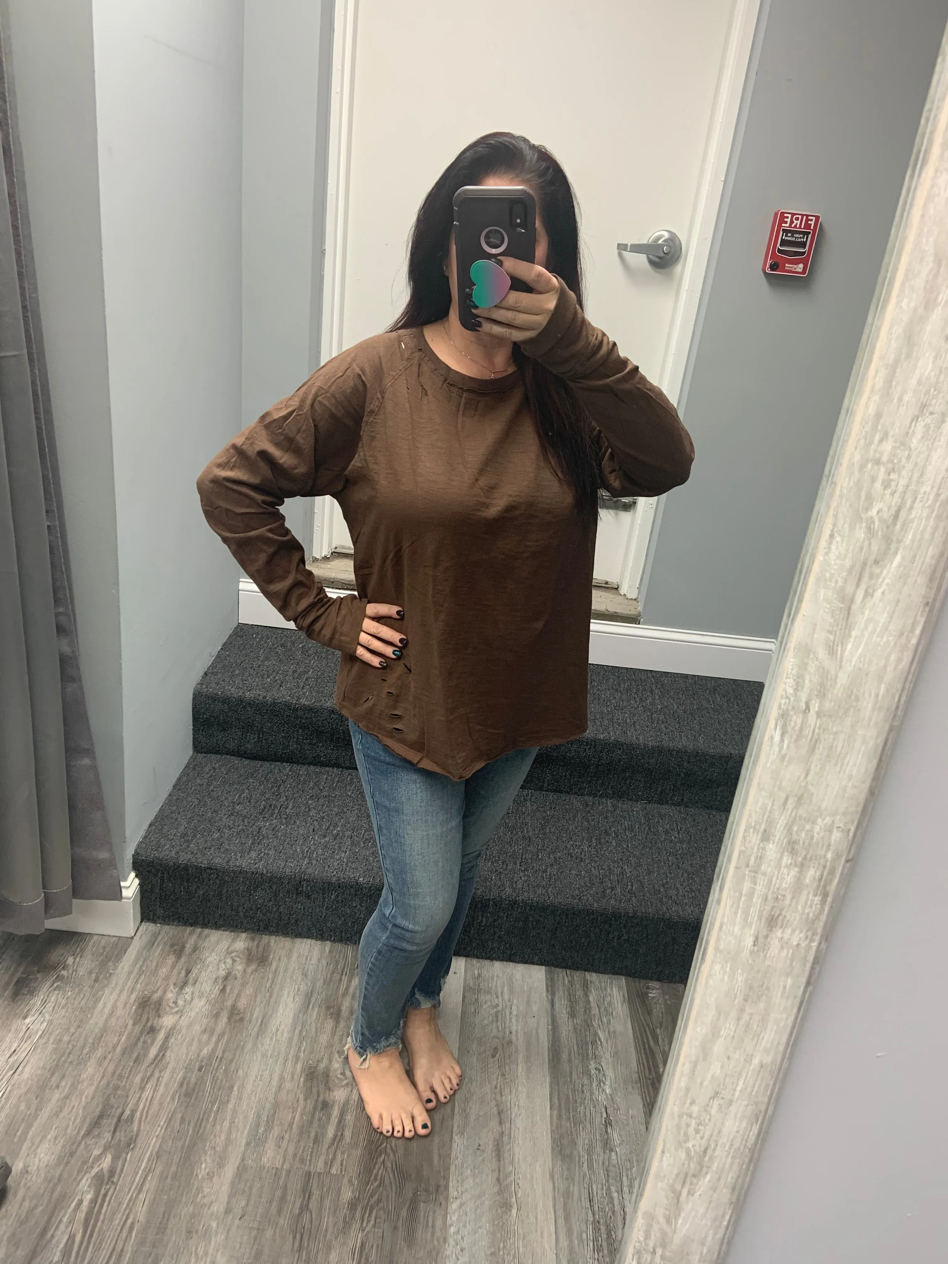 Distressed Long Sleeve Relaxed Top - Black, Brown or Beige