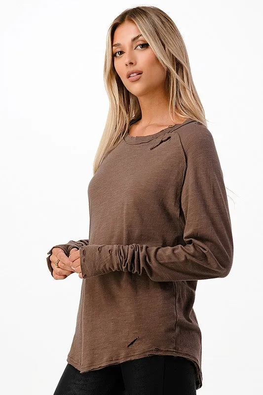 Distressed Long Sleeve Relaxed Top - Black, Brown or Beige