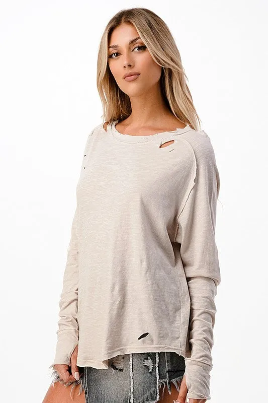 Distressed Long Sleeve Relaxed Top - Black, Brown or Beige