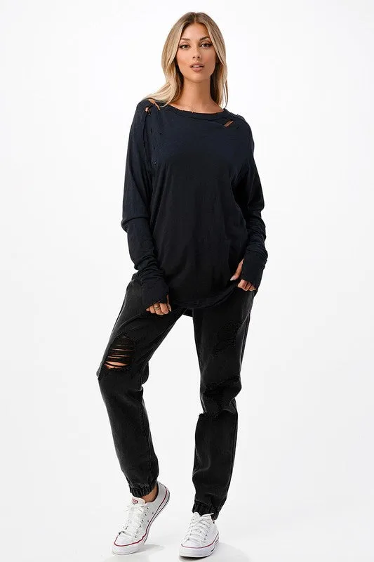 Distressed Long Sleeve Relaxed Top - Black, Brown or Beige