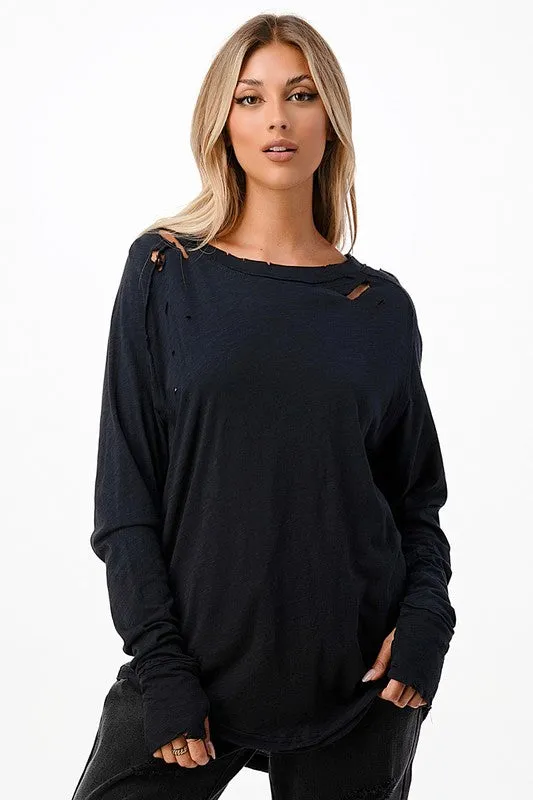 Distressed Long Sleeve Relaxed Top - Black, Brown or Beige