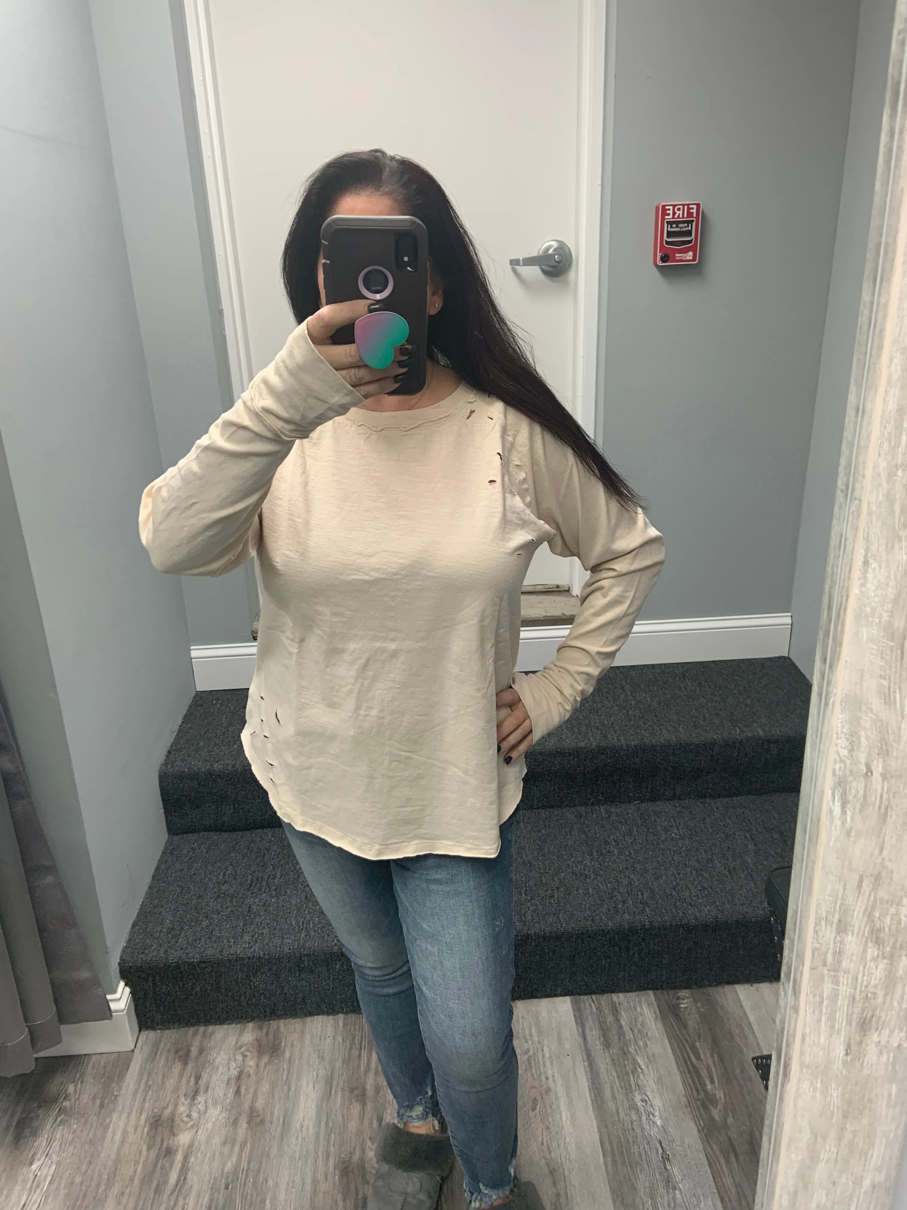 Distressed Long Sleeve Relaxed Top - Black, Brown or Beige