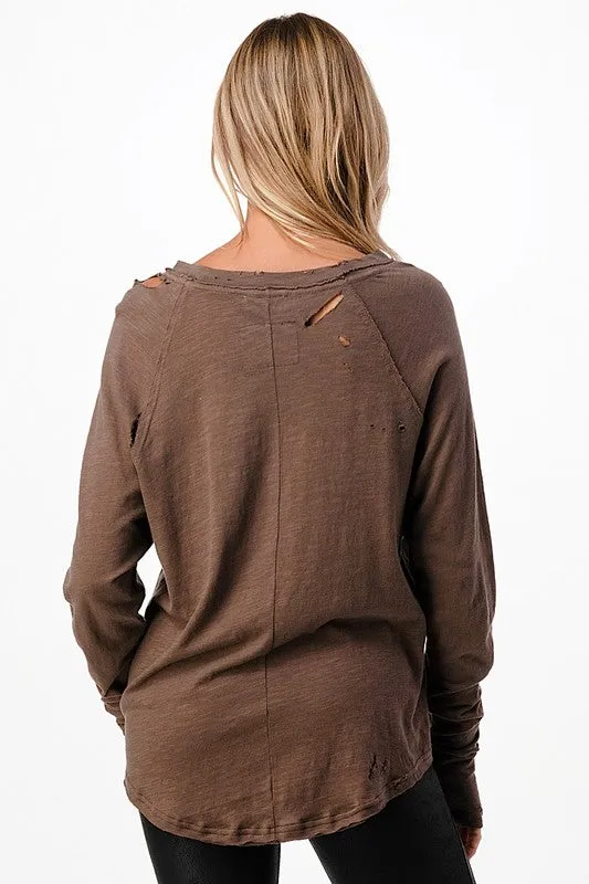 Distressed Long Sleeve Relaxed Top - Black, Brown or Beige