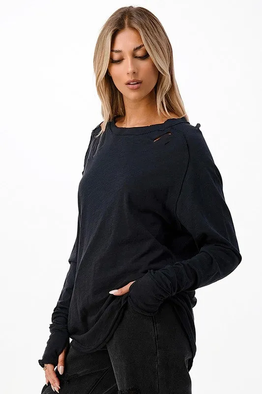 Distressed Long Sleeve Relaxed Top - Black, Brown or Beige