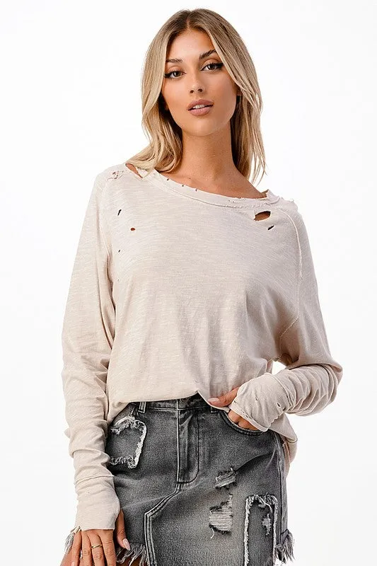 Distressed Long Sleeve Relaxed Top - Black, Brown or Beige