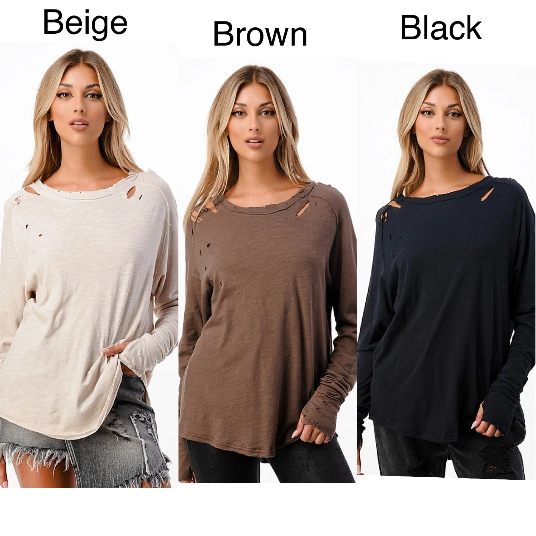 Distressed Long Sleeve Relaxed Top - Black, Brown or Beige