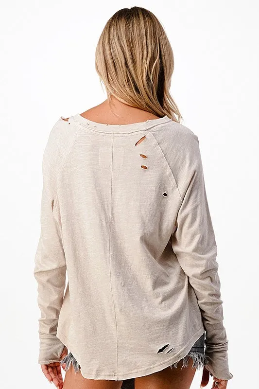 Distressed Long Sleeve Relaxed Top - Black, Brown or Beige