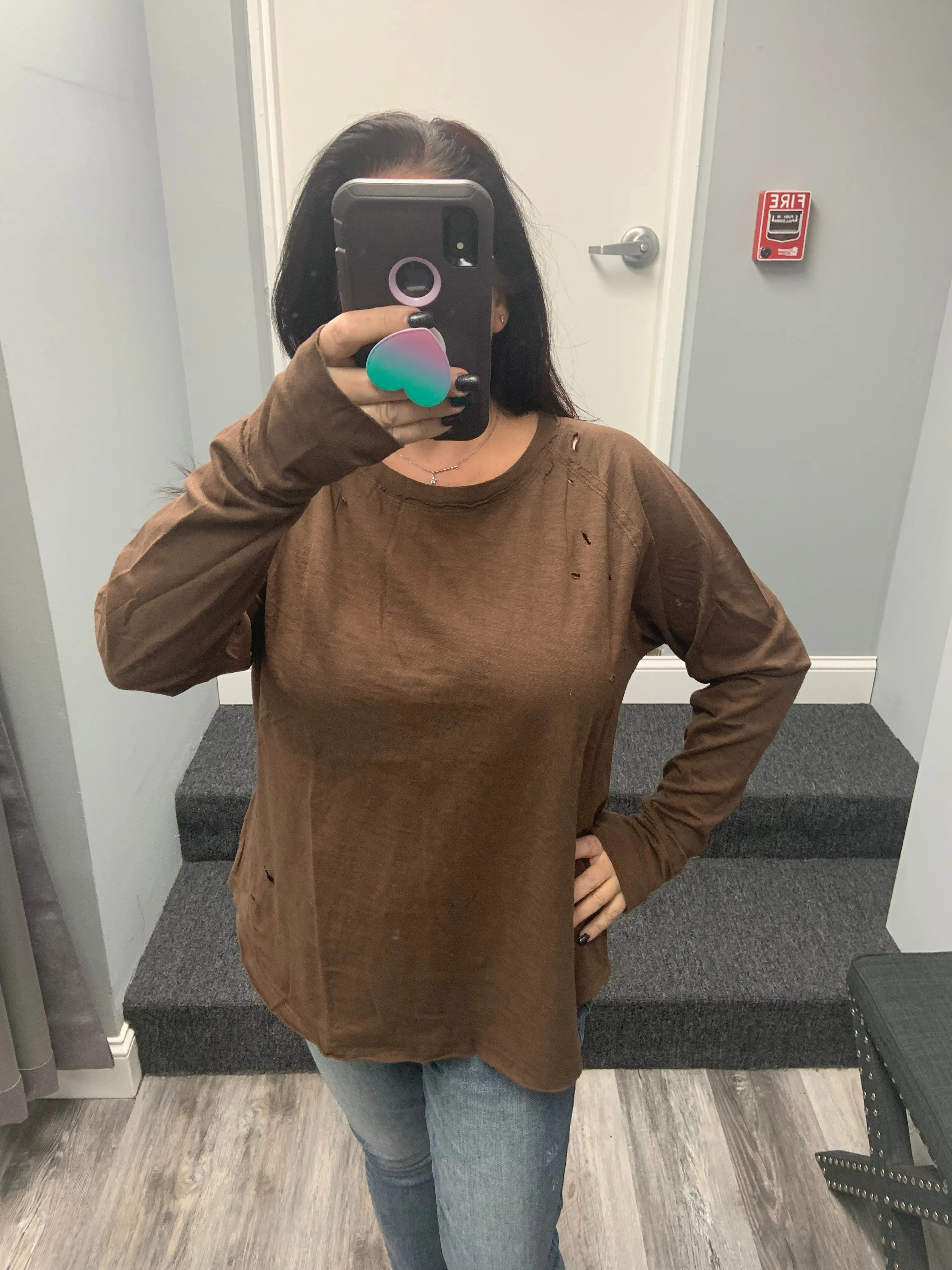 Distressed Long Sleeve Relaxed Top - Black, Brown or Beige