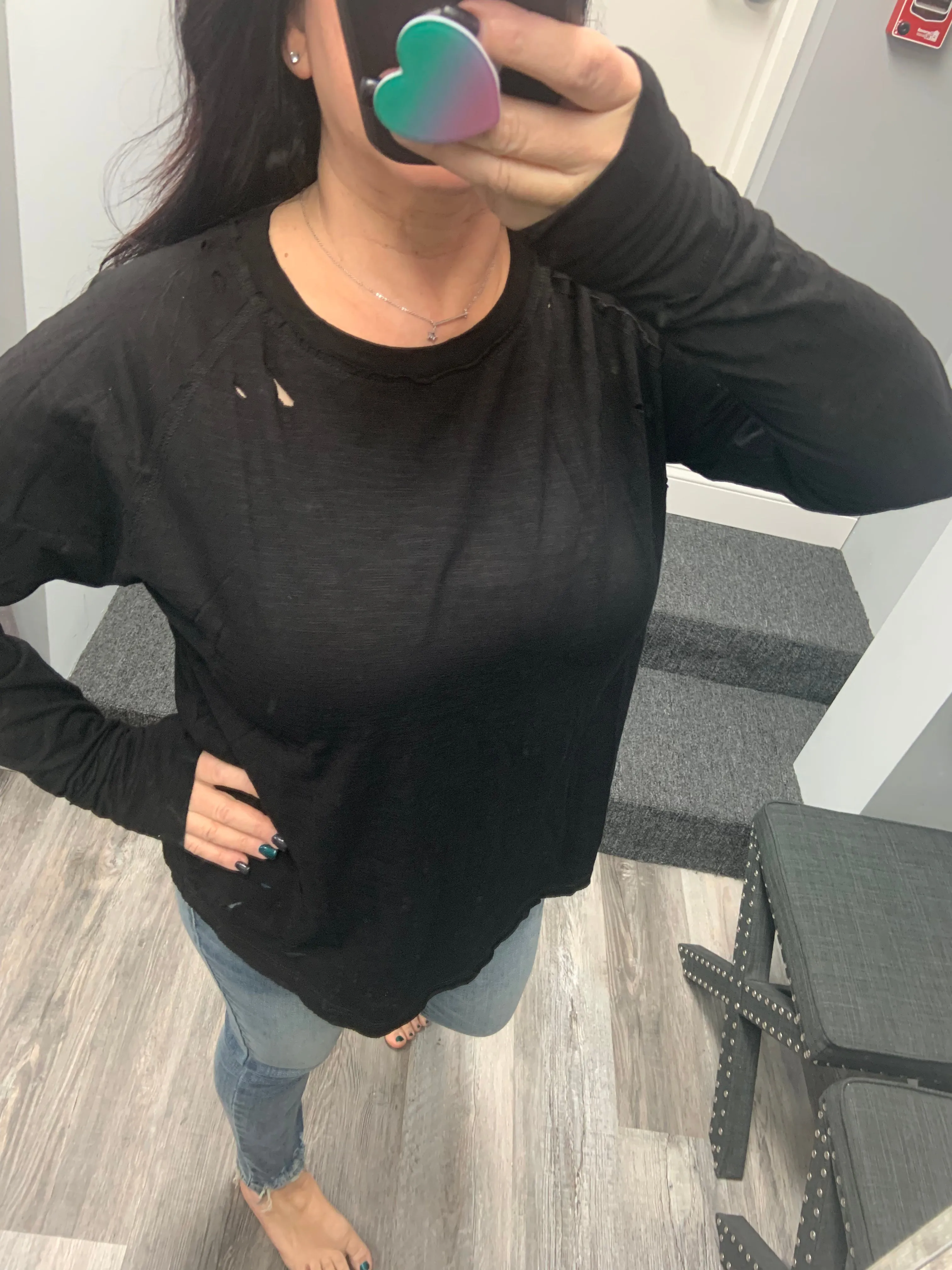 Distressed Long Sleeve Relaxed Top - Black, Brown or Beige