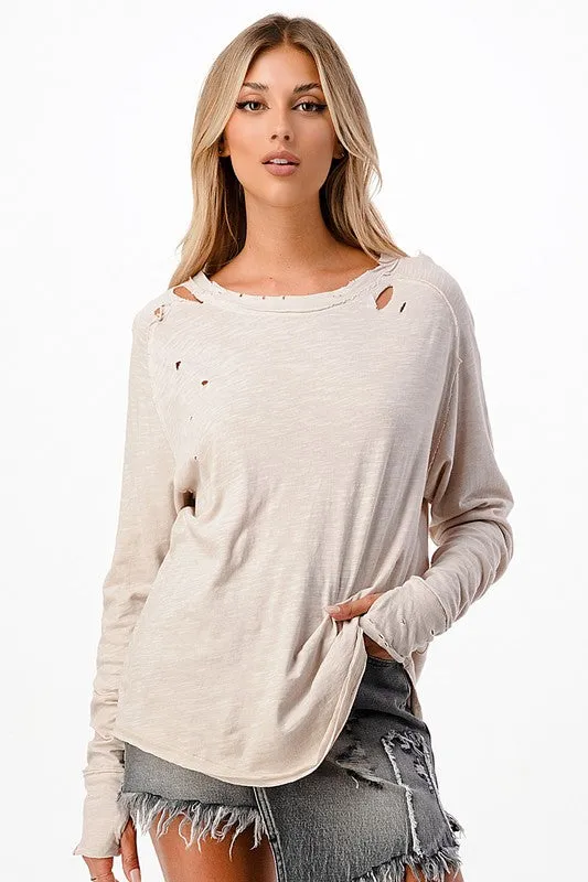 Distressed Long Sleeve Relaxed Top - Black, Brown or Beige