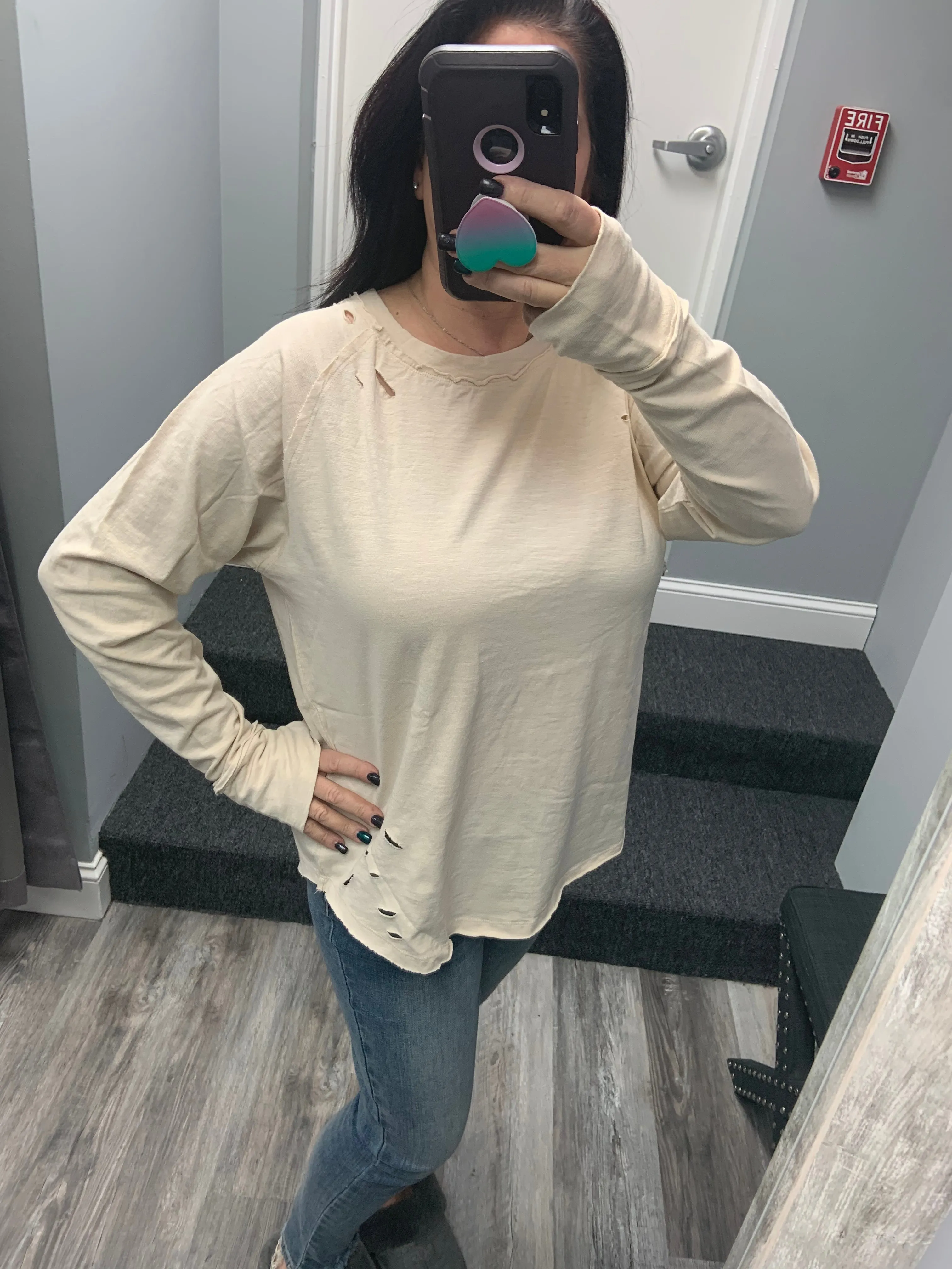 Distressed Long Sleeve Relaxed Top - Black, Brown or Beige