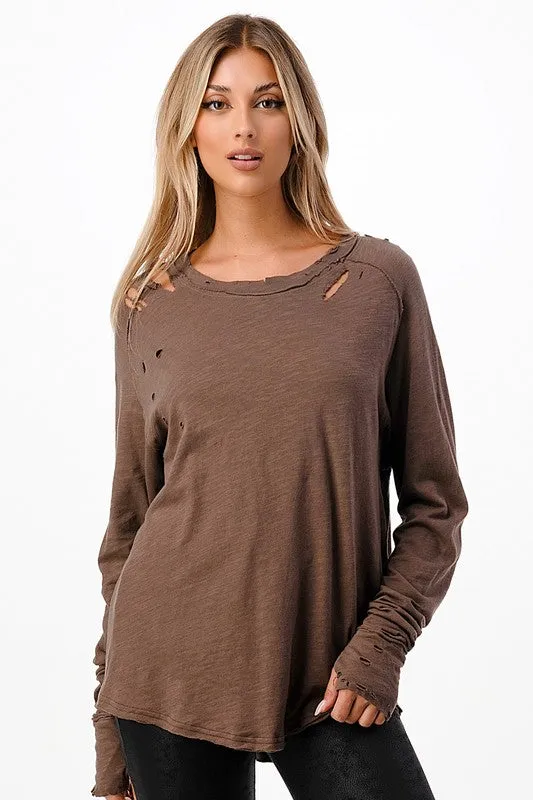 Distressed Long Sleeve Relaxed Top - Black, Brown or Beige