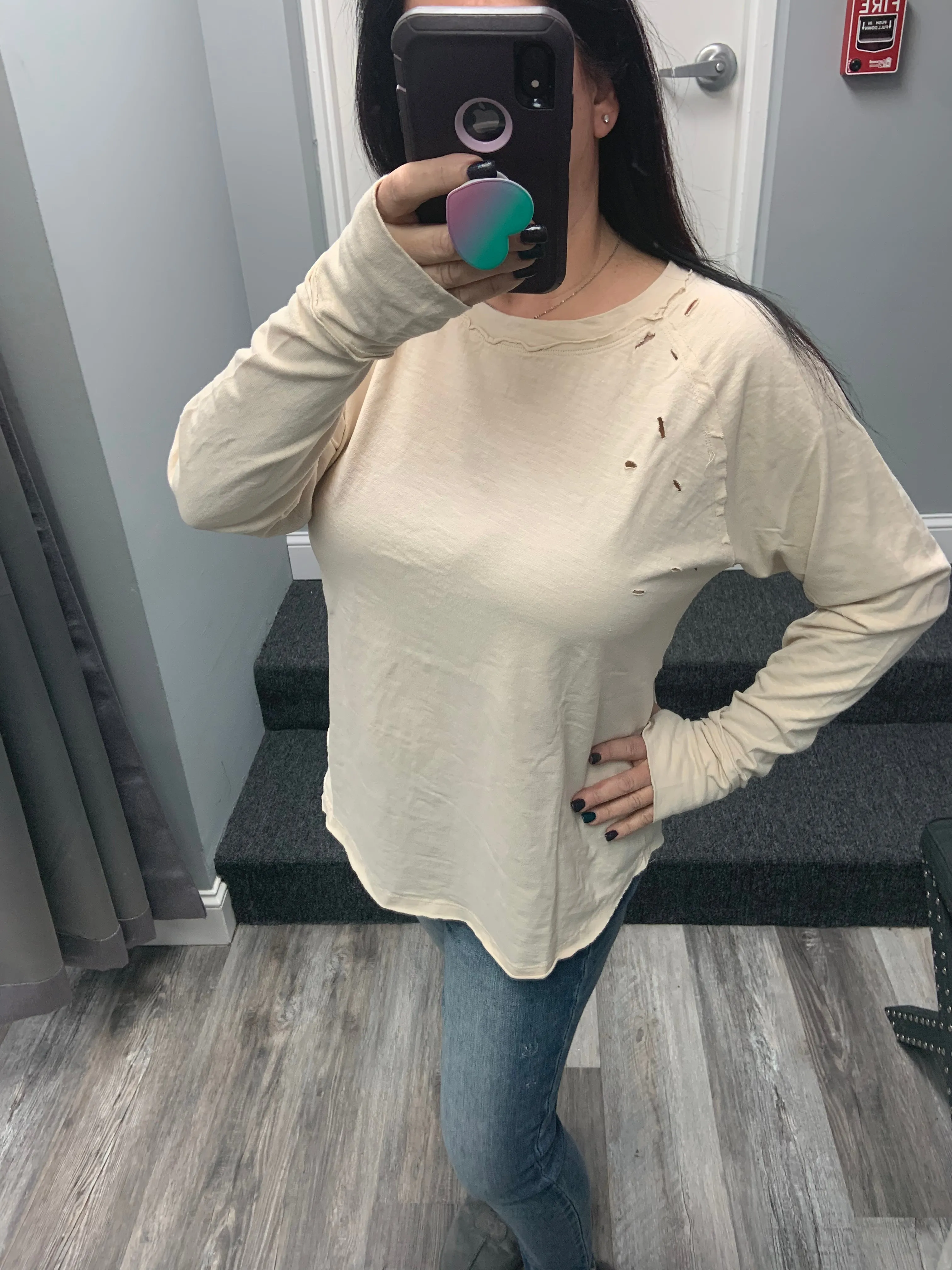 Distressed Long Sleeve Relaxed Top - Black, Brown or Beige