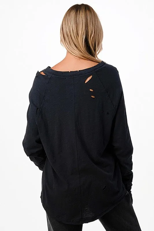 Distressed Long Sleeve Relaxed Top - Black, Brown or Beige