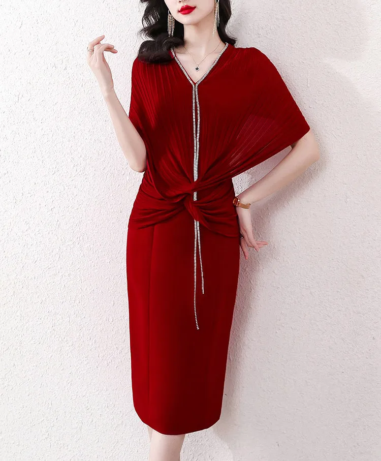 Elegant Women Slim Pleated V-Neck Dress