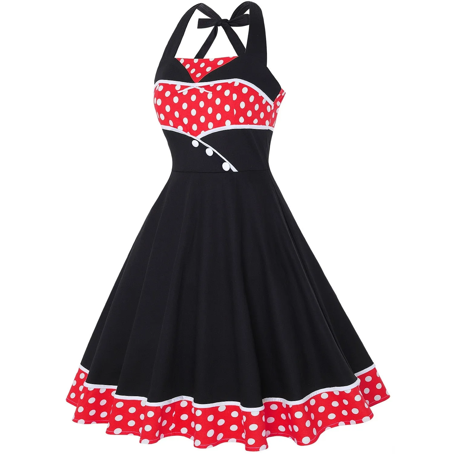 Halter Women Party Dress 50s 60s Retro Vintage Elegant French Polka Dot Patchwork Sleeveless Pinup Rockabilly Dresses