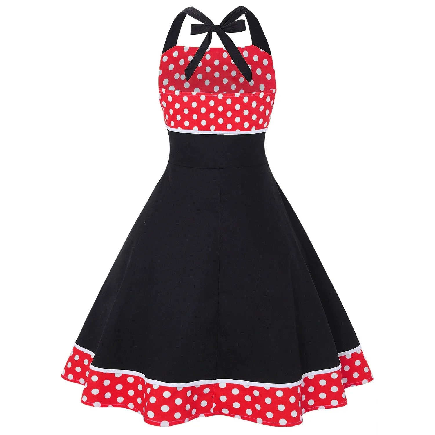 Halter Women Party Dress 50s 60s Retro Vintage Elegant French Polka Dot Patchwork Sleeveless Pinup Rockabilly Dresses