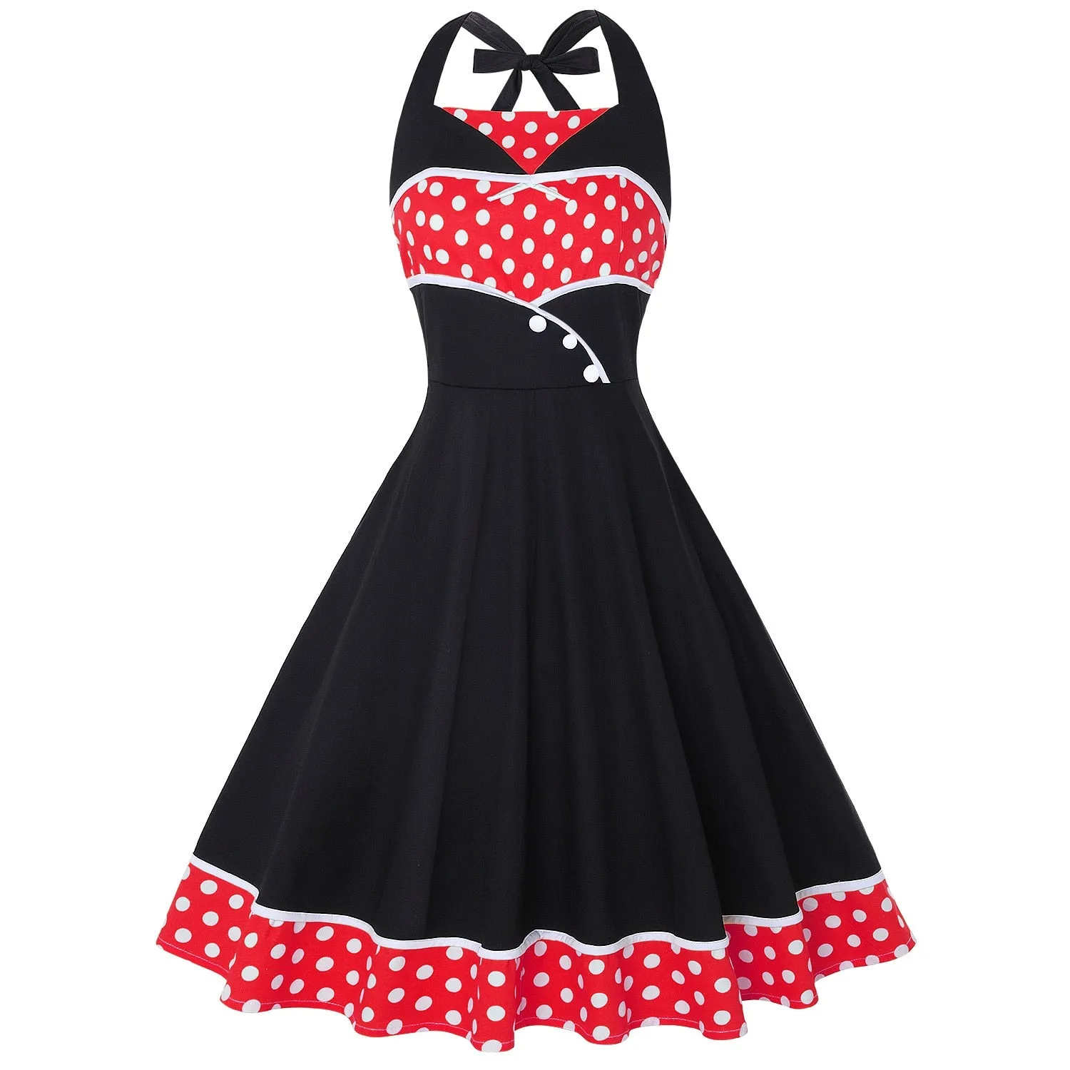 Halter Women Party Dress 50s 60s Retro Vintage Elegant French Polka Dot Patchwork Sleeveless Pinup Rockabilly Dresses