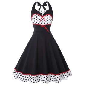 Halter Women Party Dress 50s 60s Retro Vintage Elegant French Polka Dot Patchwork Sleeveless Pinup Rockabilly Dresses