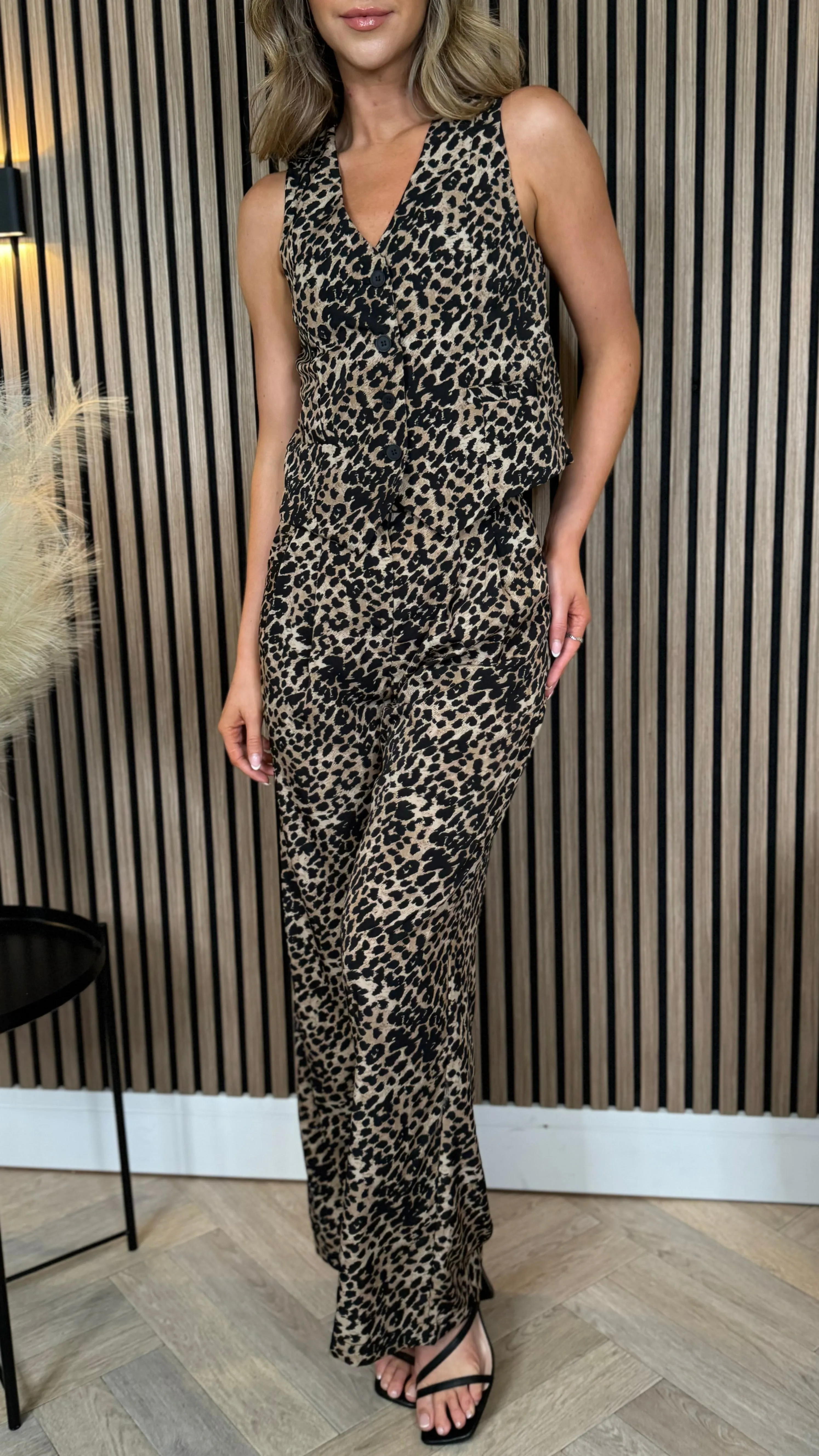 Huxley Black & Beige Leopard Print Trousers & Waistcoat Co Ord