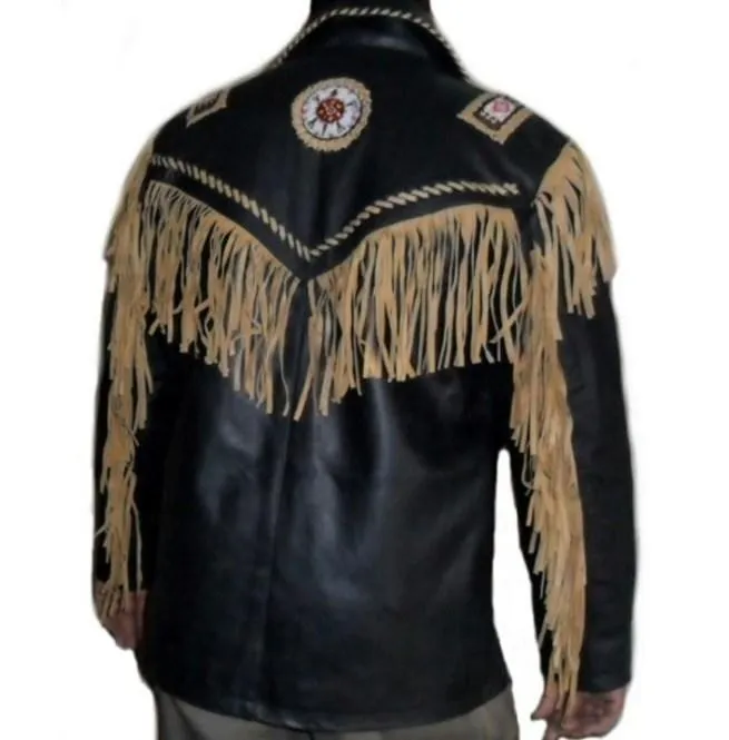 Men's Leather Jacket Western Wear Cowboy Black Beige Fringe Jacket