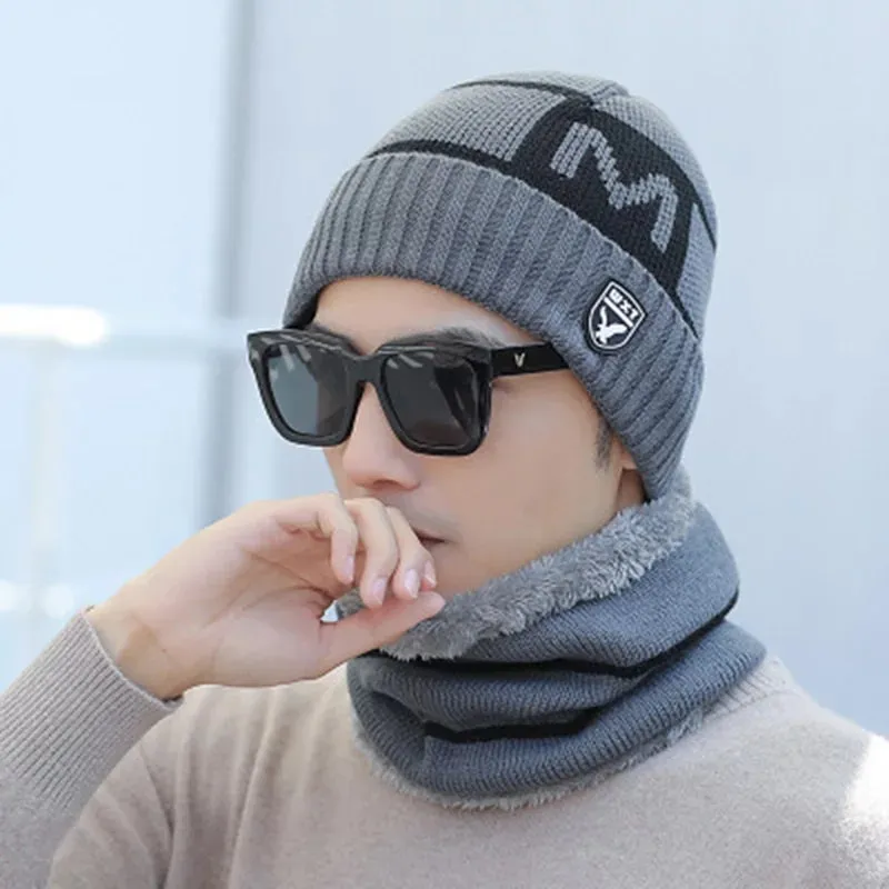 Men's New Fashion Winter Warm Beanie Hat And Scarf Set, Knitted Skull Cap Neck Warmer