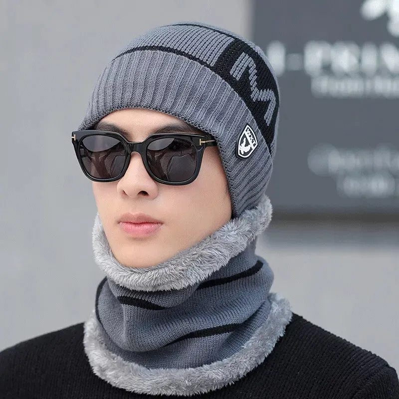 Men's New Fashion Winter Warm Beanie Hat And Scarf Set, Knitted Skull Cap Neck Warmer