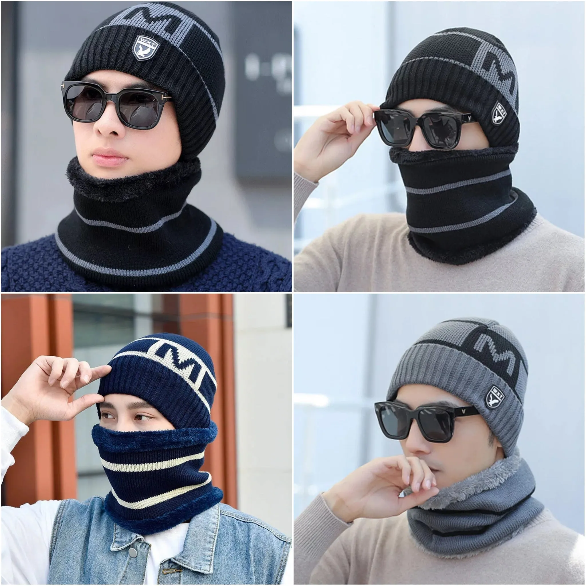 Men's New Fashion Winter Warm Beanie Hat And Scarf Set, Knitted Skull Cap Neck Warmer