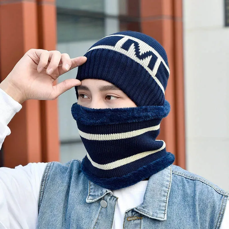 Men's New Fashion Winter Warm Beanie Hat And Scarf Set, Knitted Skull Cap Neck Warmer