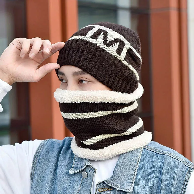 Men's New Fashion Winter Warm Beanie Hat And Scarf Set, Knitted Skull Cap Neck Warmer