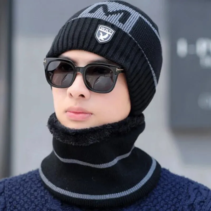 Men's New Fashion Winter Warm Beanie Hat And Scarf Set, Knitted Skull Cap Neck Warmer