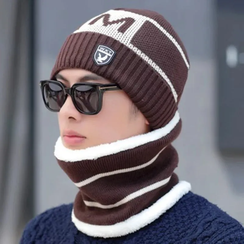 Men's New Fashion Winter Warm Beanie Hat And Scarf Set, Knitted Skull Cap Neck Warmer